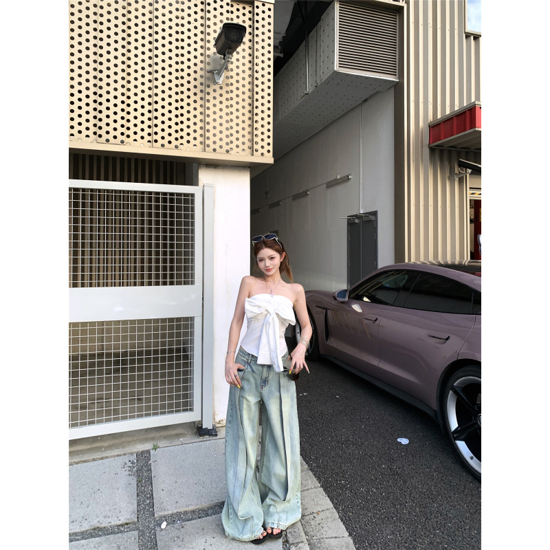 辣妹修身一字肩抹胸衬衫+重工设计感水洗牛仔裤休闲长裤套装女