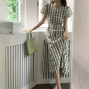 復古格子泡泡袖 新款 韓系長裙法式 設計感裙子 鏤空收腰連衣裙女夏季
