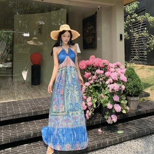女夏性感復古民族風印花拼色抹胸掛脖吊帶度假連衣裙女Cosplay
