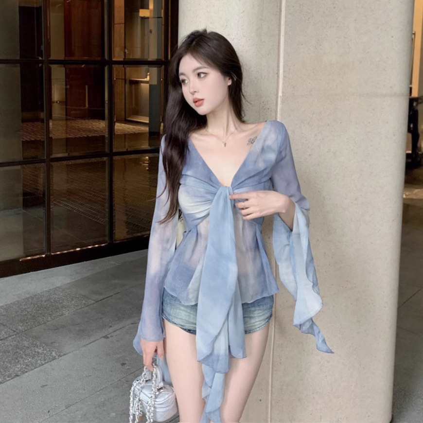 扎染长袖t恤衬衫女2025夏季纯欲风薄款别致收腰设计感小众上衣in