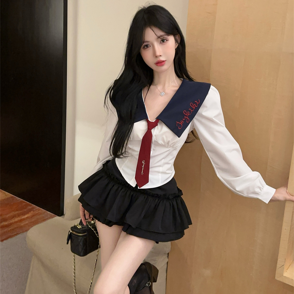 学院风jk制服辣妹字母印花长袖领带上衣套装高腰蛋糕裤裙子两件套