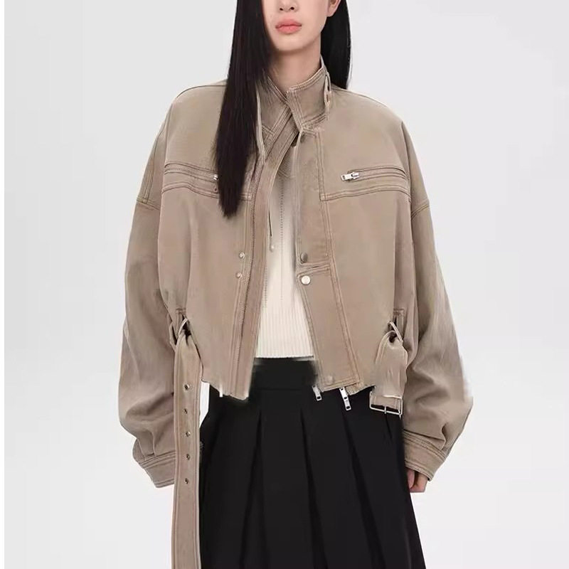 美式复古工装风宽松短款机车夹克外套女2025秋季新款百搭立领