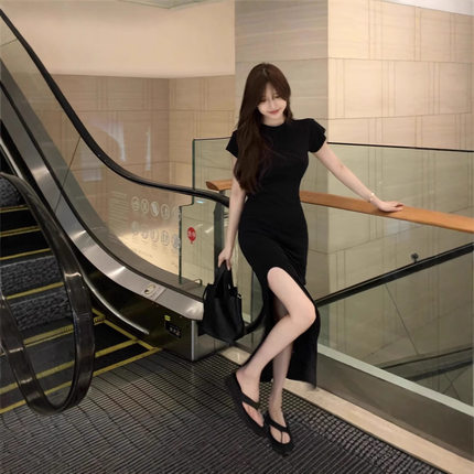 韩版休闲日常通勤约会两穿修身收腰性感开叉圆领短袖弹力连衣裙