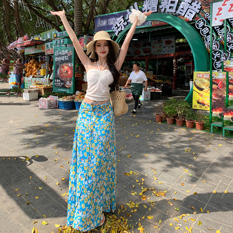 海边度假风套装法式抽绳抹胸背心上衣女碎花半身裙两件套