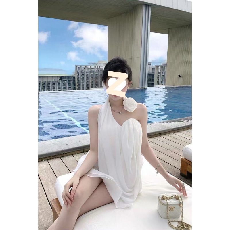 手工花朵挂脖抹胸短裙两件套女海边度假甜美吊带短裙超仙气质套装