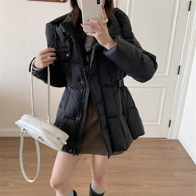 2025冬季新款气质收腰羽绒服女修身显瘦连帽加厚中长款白鸭绒