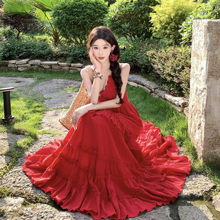 復古波爾多紅色領吊帶連衣裙女夏性感小露背蛋糕長裙Cosplay 法式