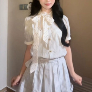 甜美學院風結條紋襯衫 新款 收腰顯瘦短裙子爆款 連衣裙女生夏季