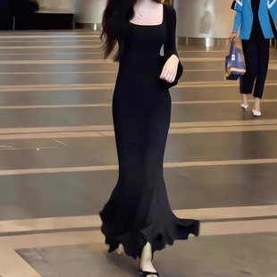 步步生莲鱼尾连衣裙女秋季长袖收腰紧身裙子辣妹性感中长款包臀