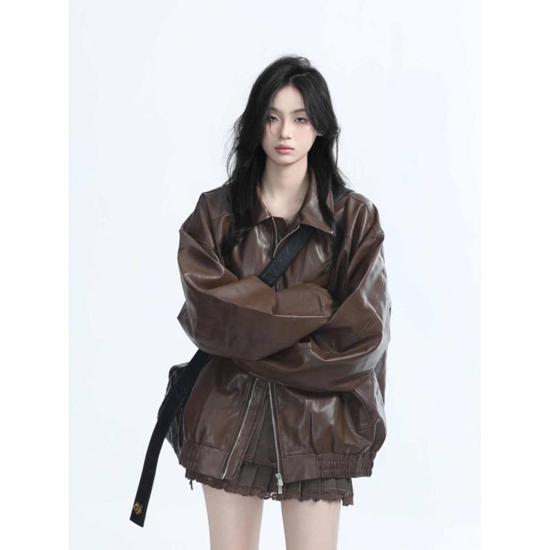 美式复古黑色皮衣外套女