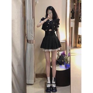 黑色JK制服純欲辣妹穿搭小香風雙排扣露臍a字百褶裙套裝 新款 夏季