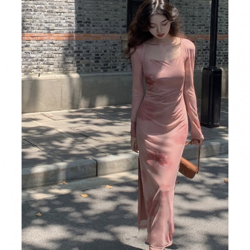 法式复古网纱长裙方领印花侧开叉 秋季新款长袖 设计感显瘦连衣裙