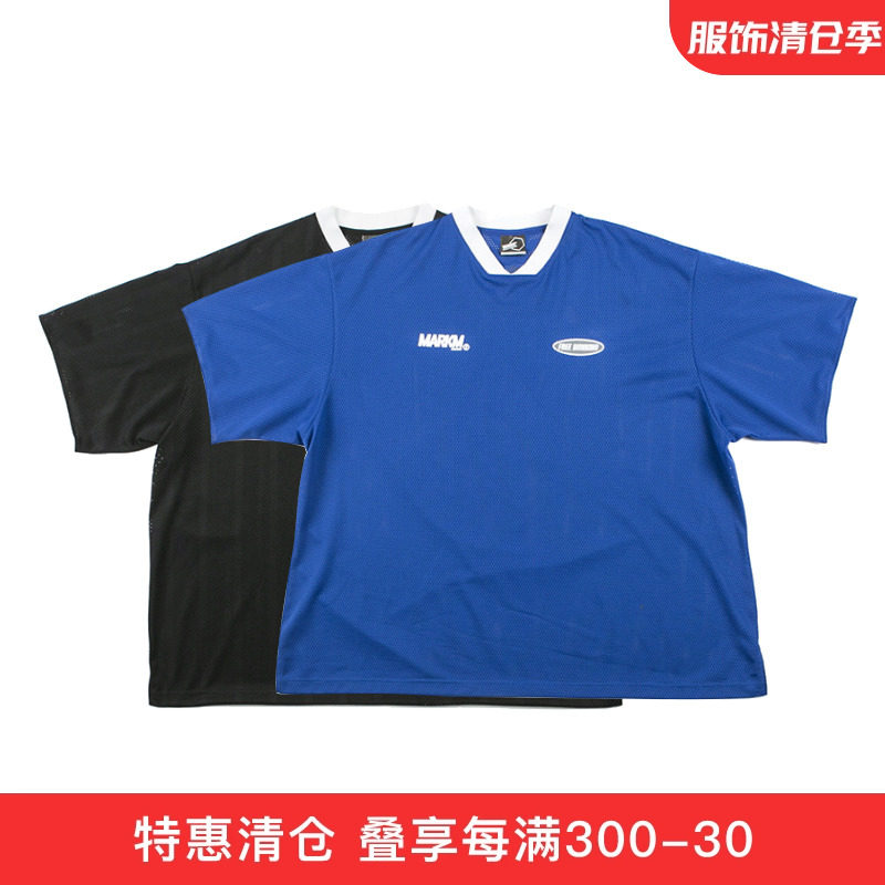 MARKM 트렌디 브랜드 루즈 스포츠 캐주얼 통기성 블루 반팔 티셔츠