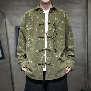 龙古堂新中式翻领长袖唐装国风大码中山装古风汉服灯芯绒男装外套