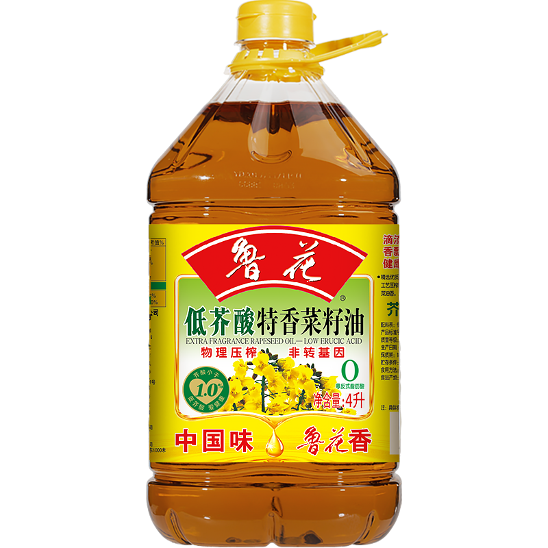 鲁花低芥酸菜籽油4L 桶装家用食用油菜籽油物理压榨