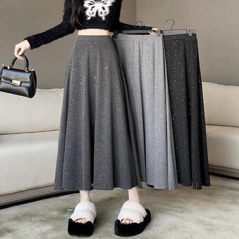 春秋伞灰色字高腰女a裙中长裙小个子亮片半身裙新款垂感显瘦