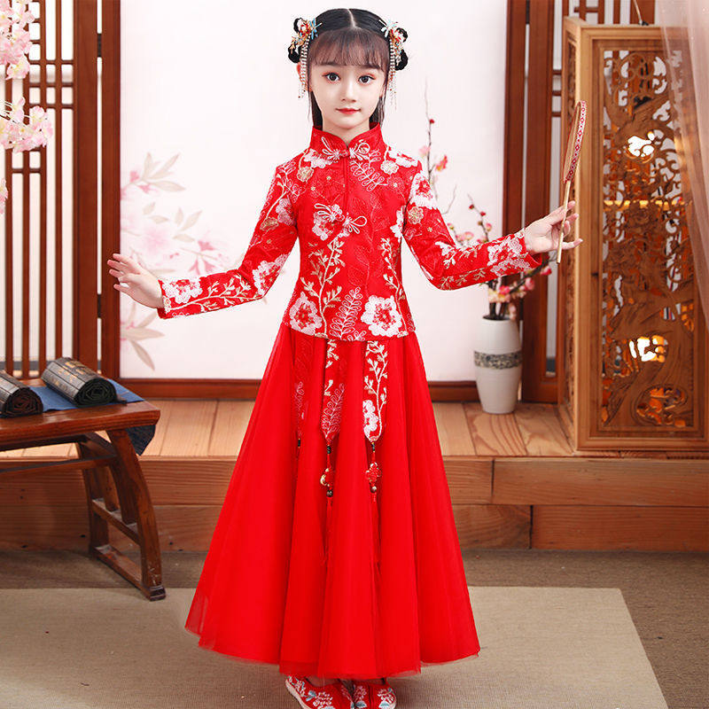 汉服女童早春连衣裙儿童裙子国风春季唐装童装小女孩旗袍套装春款