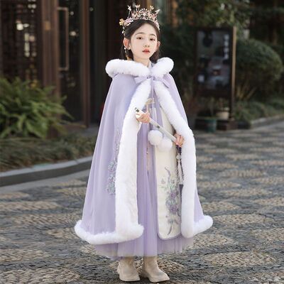 中国风儿童披风外套斗篷古风女童连帽保暖加厚冬季汉服披肩加棉