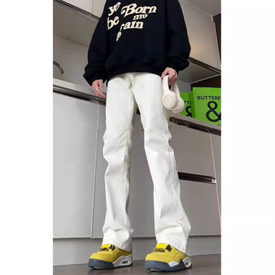 白色马吉拉牛仔裤男皮带款痞帅感裤子美式高街ootd穿搭微喇裤