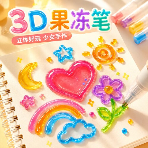 果冻笔3d立体彩色闪光啫喱笔可爱创意少女心diy手绘荧光笔小学生专用彩色记号手账果汁笔轮廓绘画涂鸦多色笔