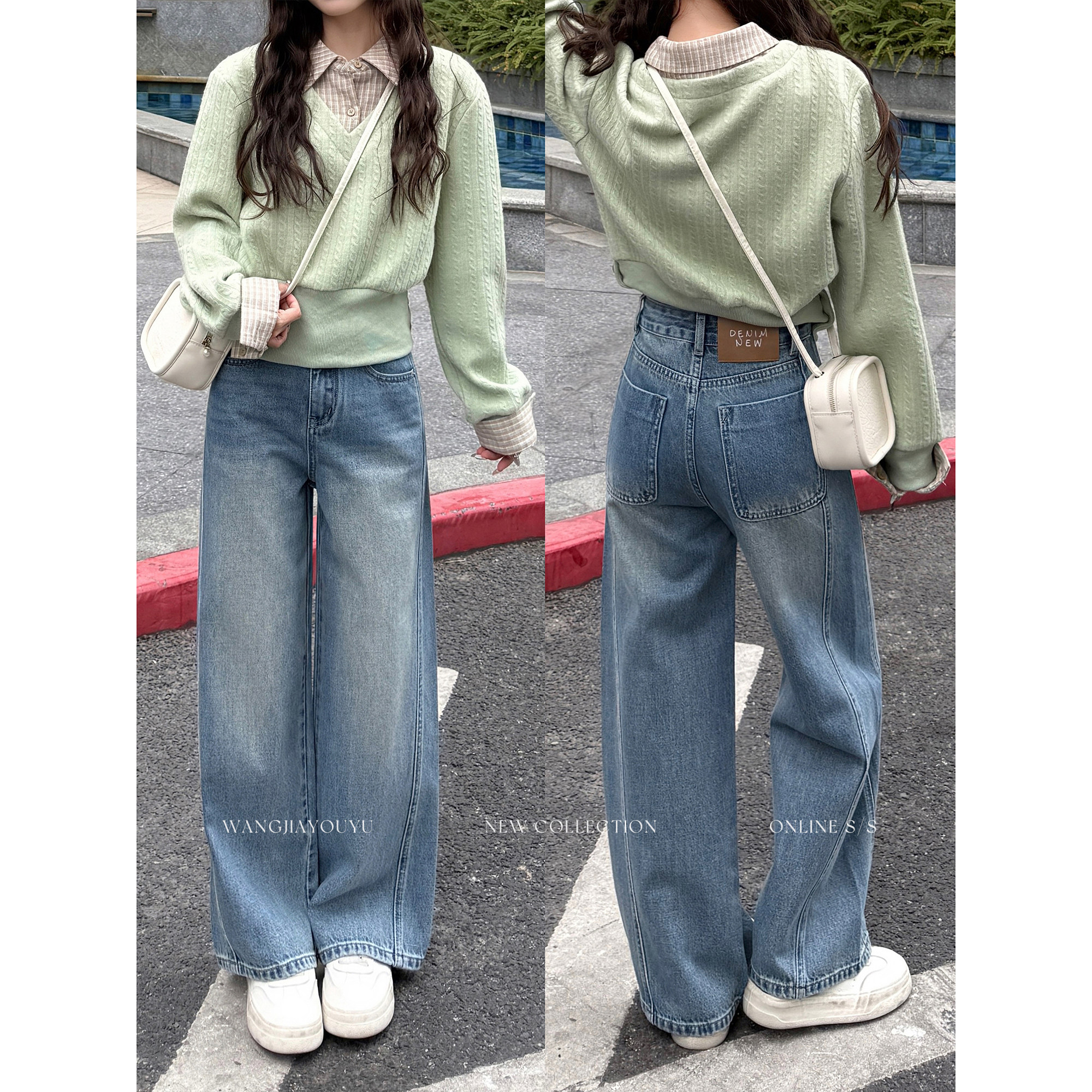 王家有鱼【小个子定制】2026早春新款复古蓝显瘦百搭阔腿牛仔裤女