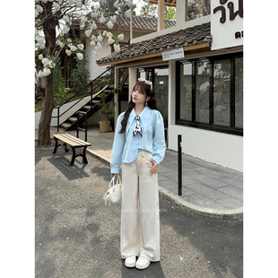 王家有鱼【小个子定制】早春米杏直筒阔腿裤2026新款牛仔裤子女款