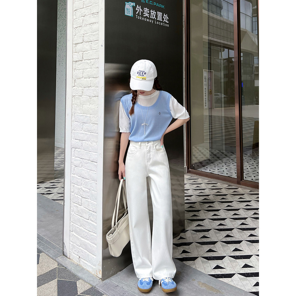 王家有鱼小个子夏季薄款莱赛尔白色阔腿裤女2025新款百搭牛仔裤