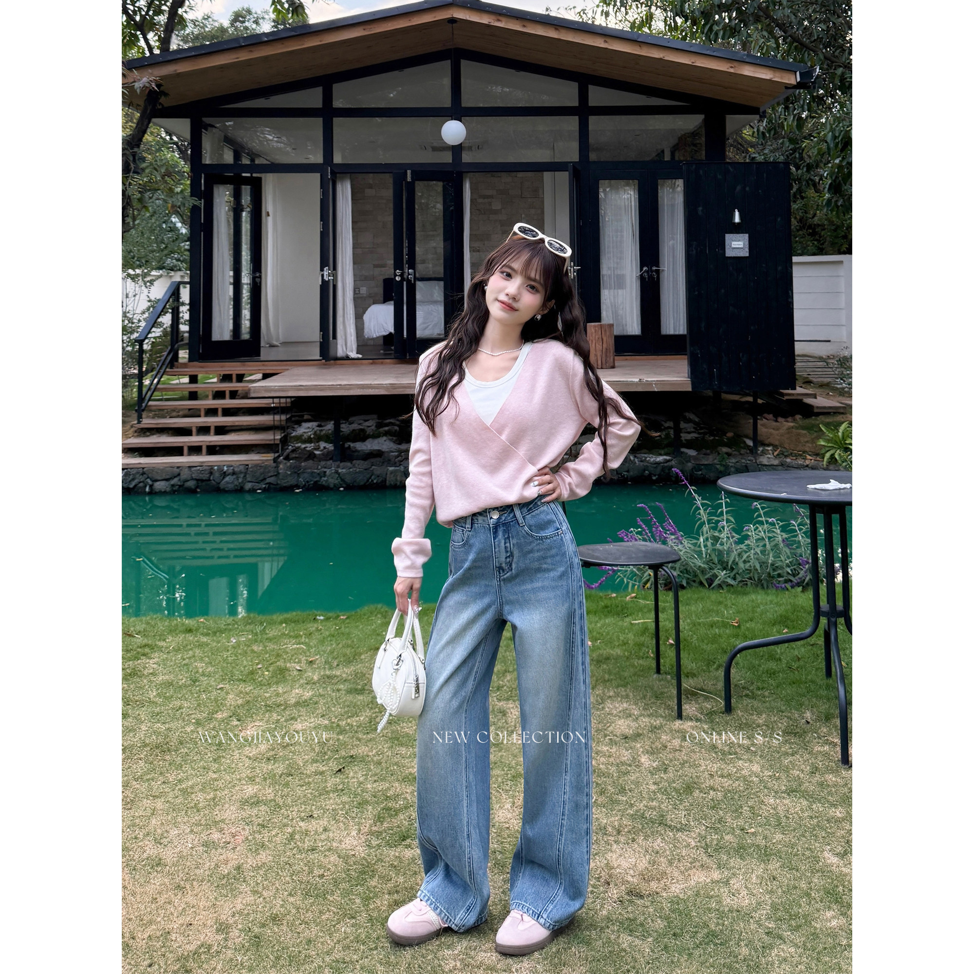 王家有鱼【小个子定制】新款复古浅蓝弯刀阔腿裤女2026春季牛仔裤