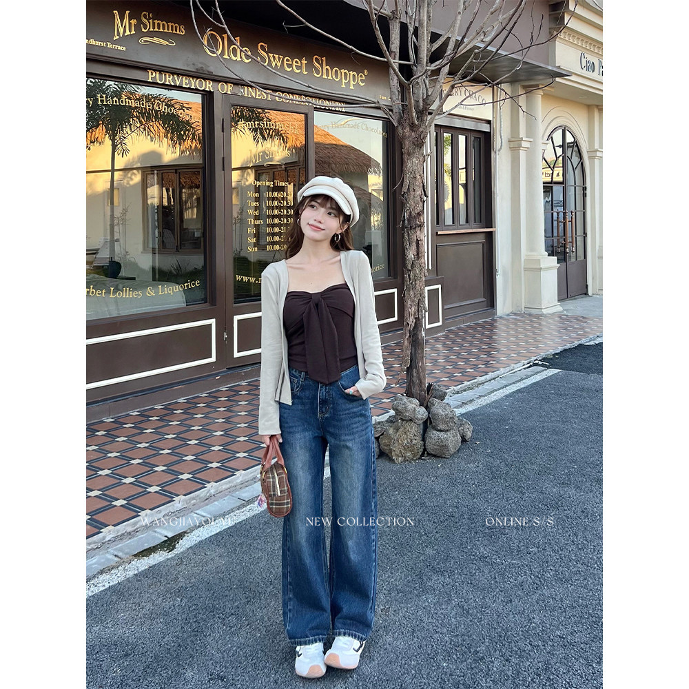 王家有鱼【小个子定制】垂感阔腿裤女2025秋季新款时尚休闲牛仔裤