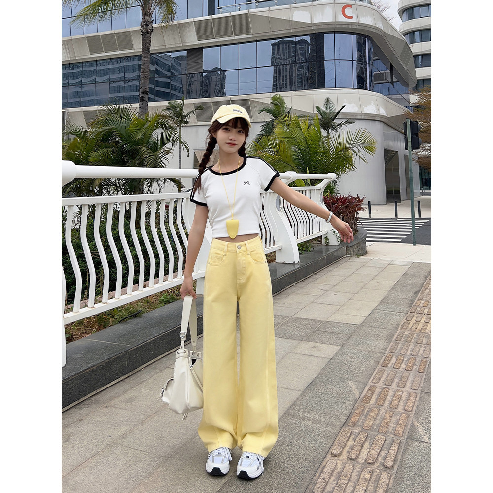 王家有鱼小个子鹅黄色阔腿裤女2025春季新款时尚百搭阔腿牛仔裤