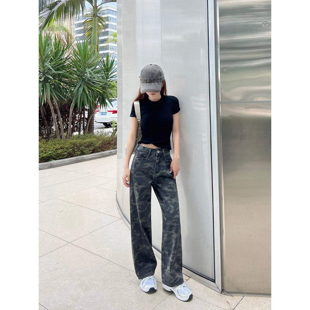 王家有鱼小个子迷彩色阔腿裤女2025夏季薄款新款美式休闲牛仔裤