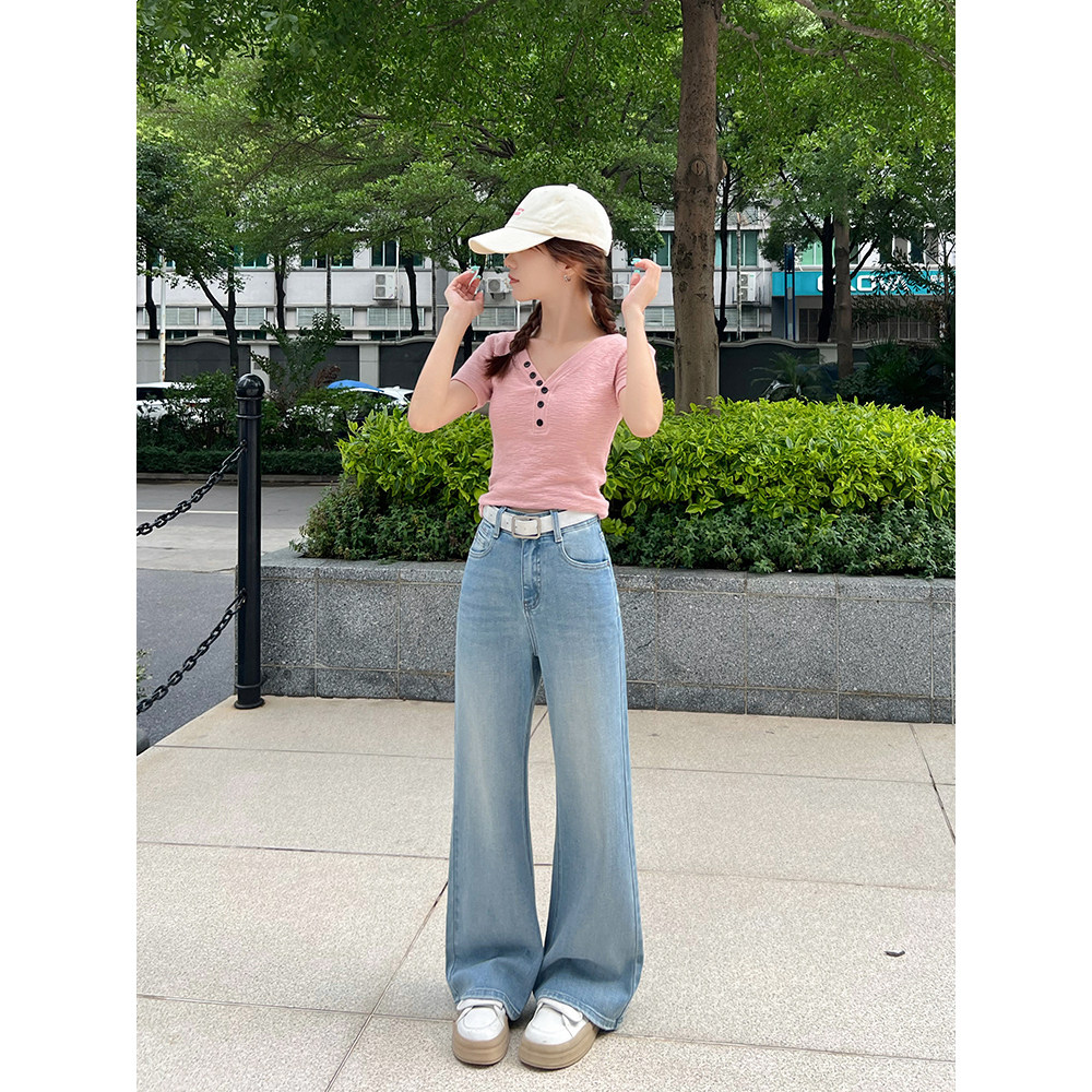 王家有鱼小个子复古蓝阔腿裤2025新款夏季款透气百搭显瘦牛仔裤女