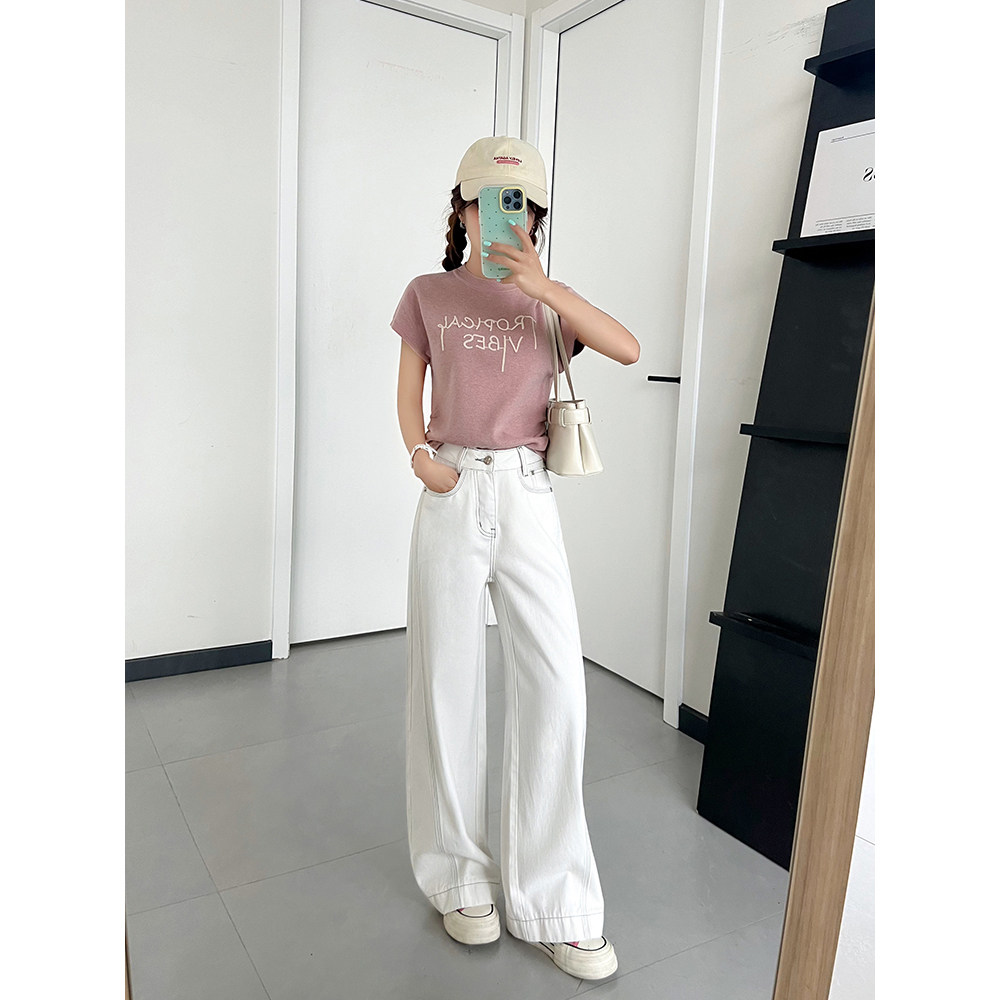 王家有鱼小个子白色薄款透气阔腿裤女2025年夏季新款显瘦牛仔裤