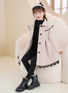 女童毛呢外套冬装2024新款秋季儿童呢子大衣秋冬款夹棉小女孩童装
