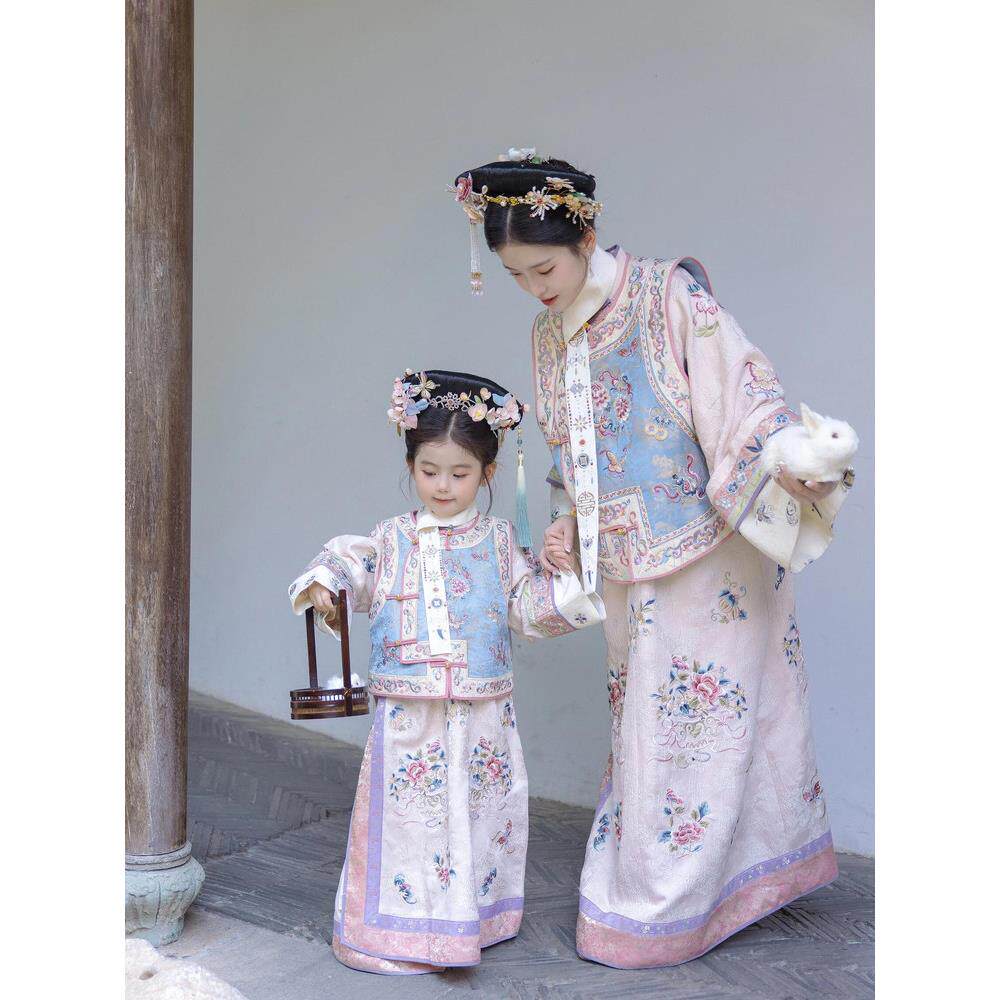 亲子装清汉格格服女童粉蓝格格三件套母女装宫廷风古风小郡主汉服