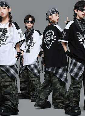 儿童街舞潮服少儿个性迷彩工装裤美式体恤男女童嘻哈hiphop演出服