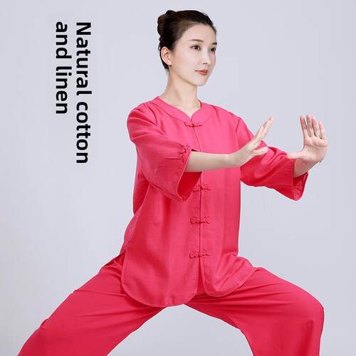 小河山太极拳服女式新型、麻、麻太极拳练习服太极拳服女式夏季短