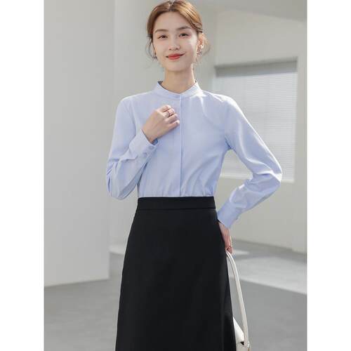 立领商务蓝色长袖衬衫女士通勤职业面试正装女套装秋季新款衬衣