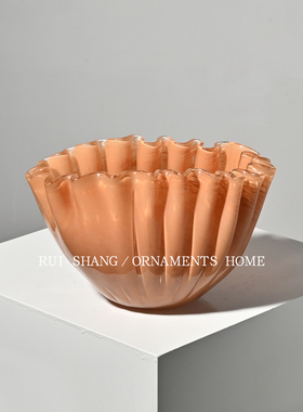 高级感中古褶皱花瓣橙色琉璃果盆样板间客厅茶几桌面装饰花瓶摆件