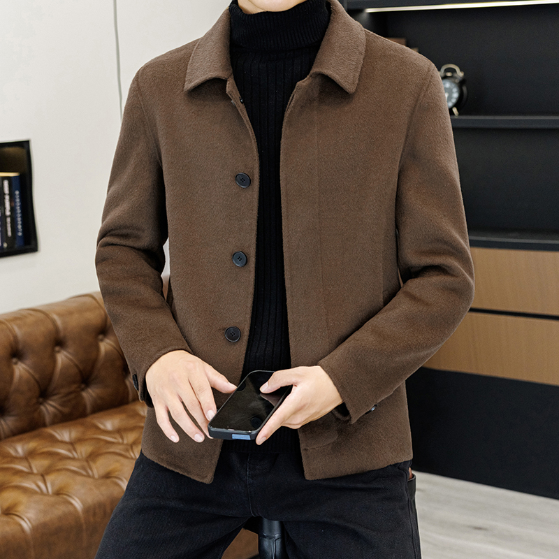 韩版高端翻领纯羊毛大衣男款秋冬时尚短款修身帅气双面呢休闲外套
