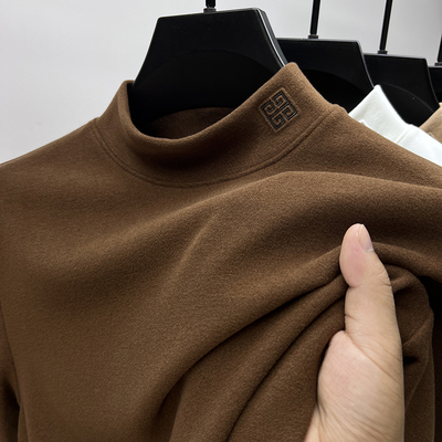 轻奢半高领打底衫男秋衣长袖t恤2025秋冬季加绒加厚保暖舒适内搭