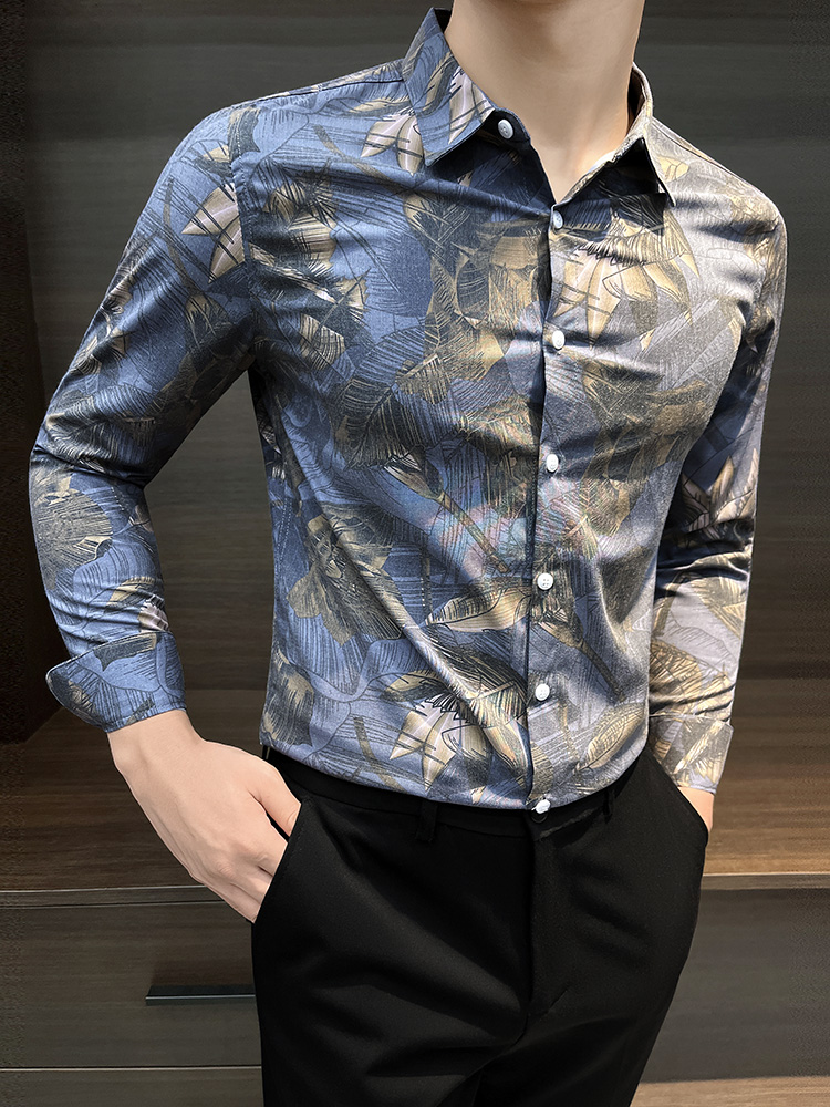 轻奢时尚印花衬衫男士长袖新优雅英俊印花休闲春秋季覆古印花衬衫