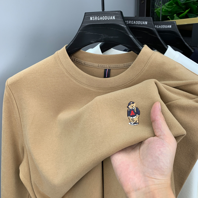 高端德绒圆领卫衣打底衫男秋冬加厚保暖上衣双面绒刺绣帅气长袖潮