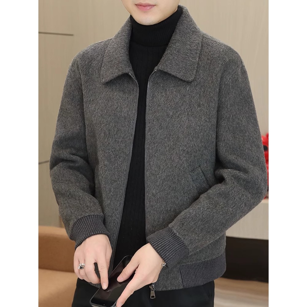 高档纯色羊毛大衣男士秋冬短款韩版时尚翻领百搭保暖夹克毛呢外套