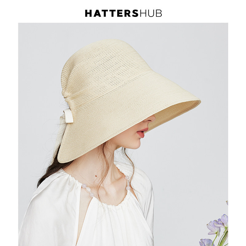 帽仕汇草帽女夏天大檐透气帽子可扎辫子遮脸太阳帽法式度假遮阳帽