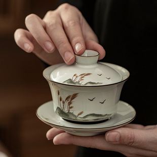 简约家用陶瓷官窑开片手绘版 S588功夫茶具套装 山水盖碗茶杯小托盘