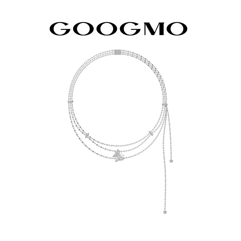 GOOGMO原创设计甜美蝴蝶结项链个性双层流苏叠戴锁骨链气质百搭