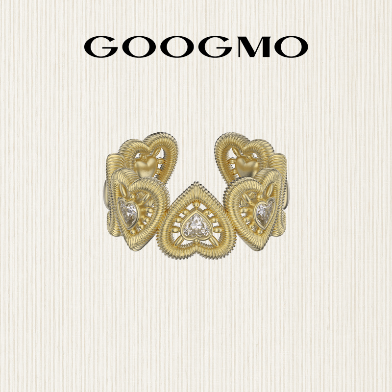 GOOGMO金色镂空爱心相连戒指小众设计精致感心形指环戒开口可调节