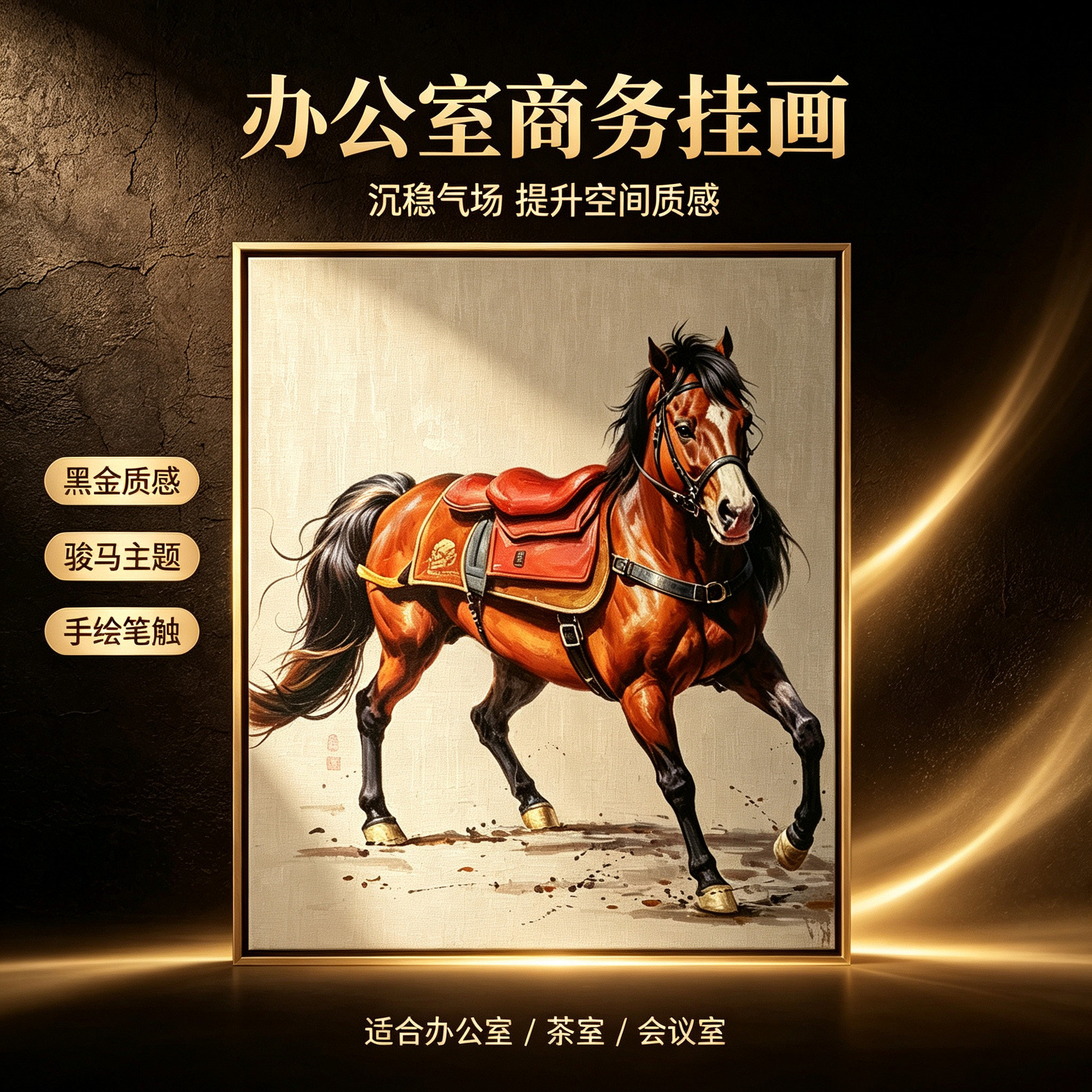 手绘油画骏马主题办公室商务挂画油画