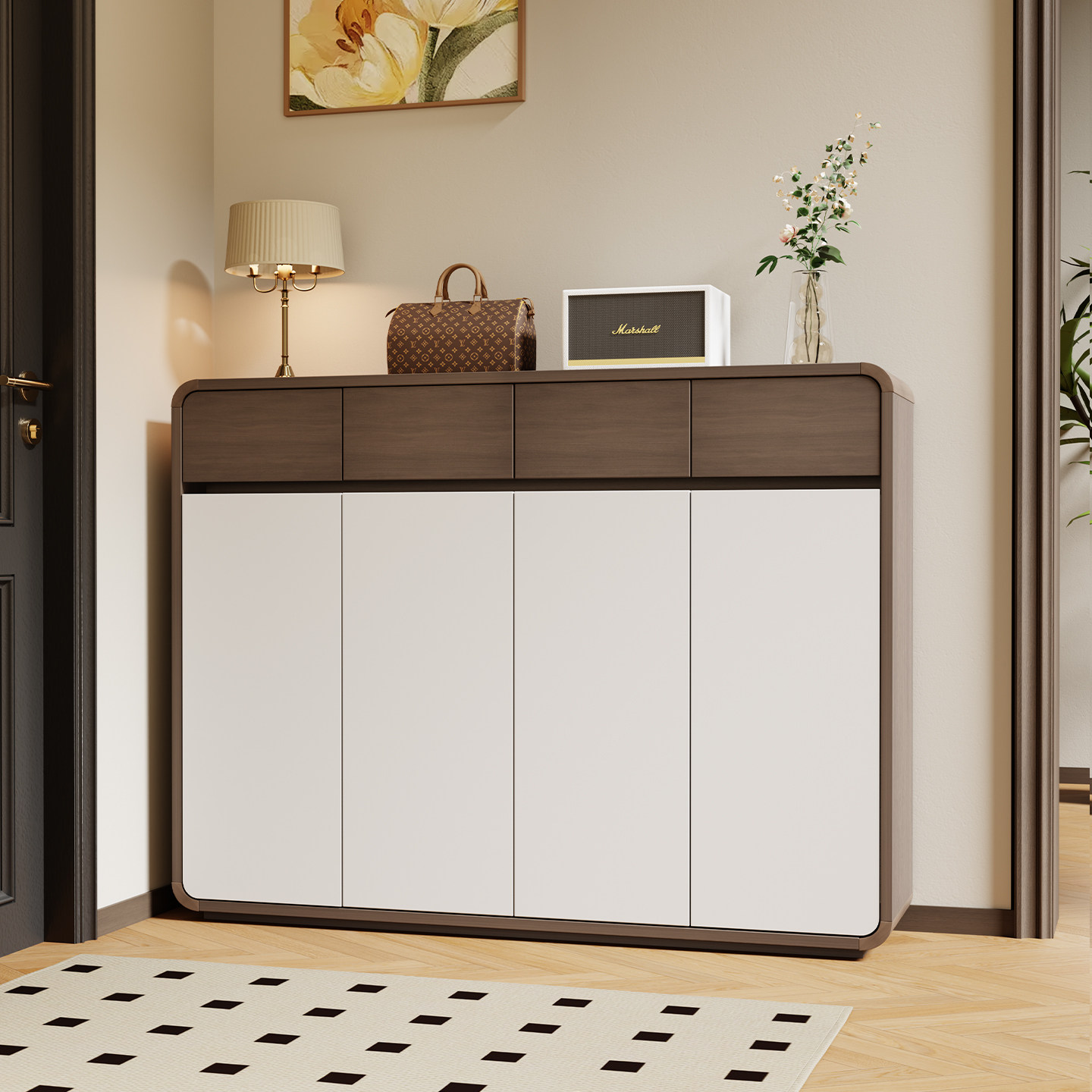 新中式实木鞋柜家用门口楼道外靠墙入户门玄关柜大容量鞋架